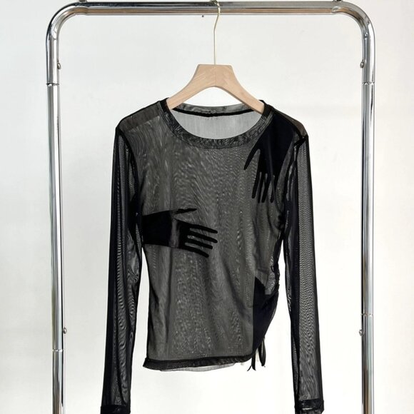 Women's Transparent Mesh Top Black Size M Stretch Decorated Hand Long Sleeves - Picture 3 of 9